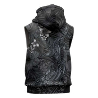 Hawaiian Tropical Plants and Tribal Whales Sleeveless Zip Hoodie Polynesian Art Tattoo Grayscale