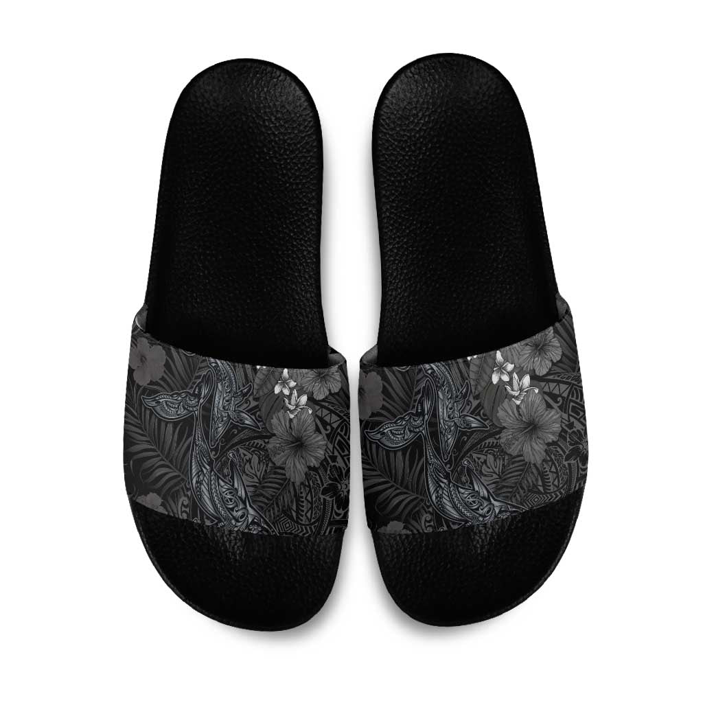Hawaiian Tropical Plants and Tribal Whales Slide Sandals Polynesian Art Tattoo Grayscale