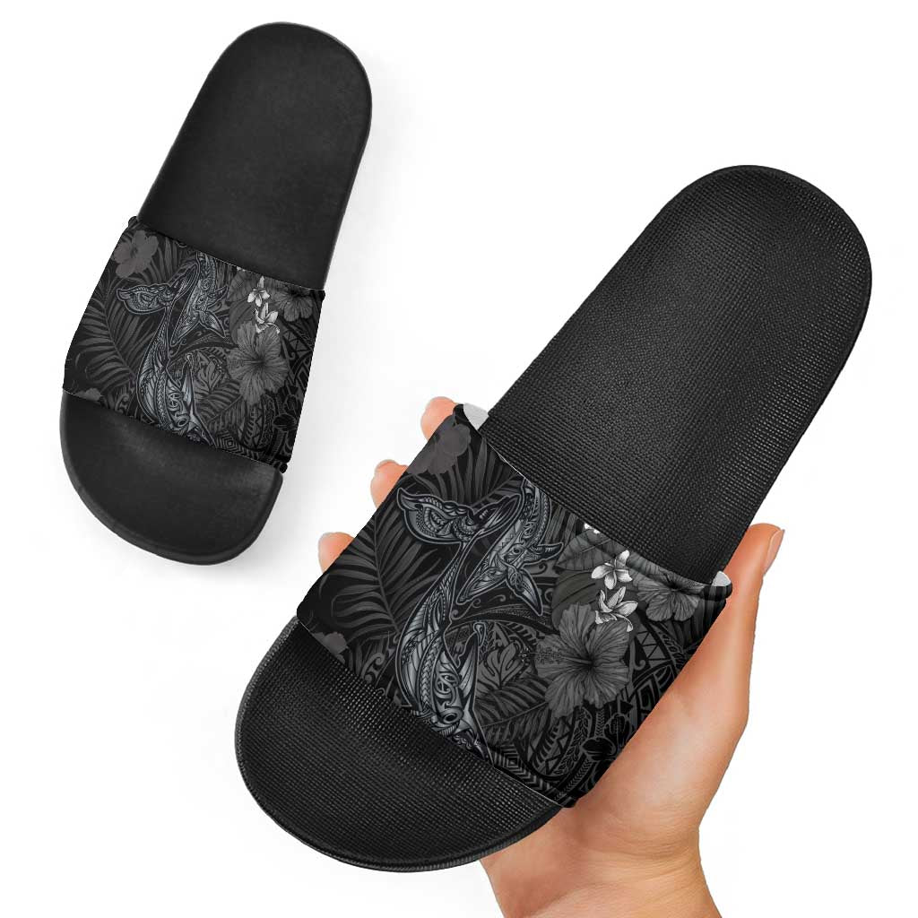Hawaiian Tropical Plants and Tribal Whales Slide Sandals Polynesian Art Tattoo Grayscale