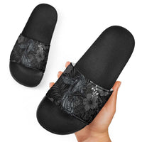 Hawaiian Tropical Plants and Tribal Whales Slide Sandals Polynesian Art Tattoo Grayscale