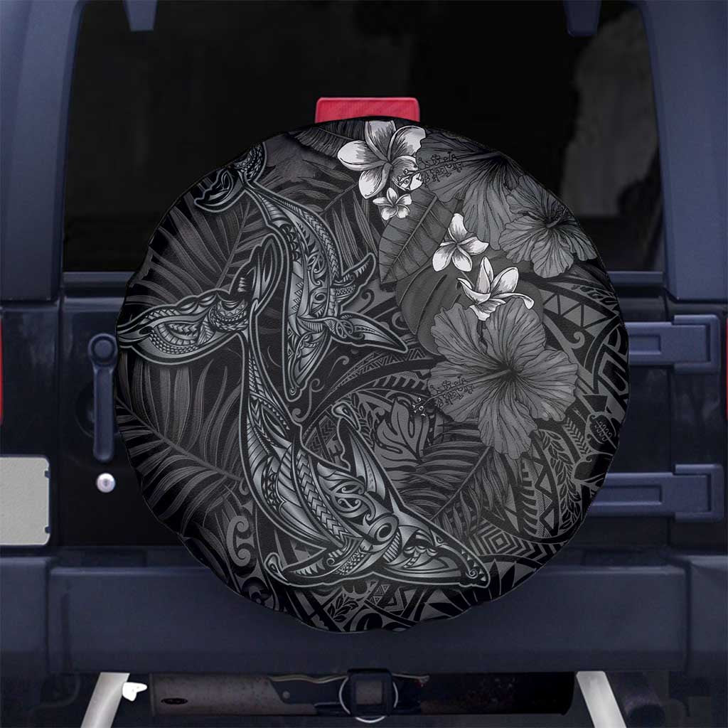 Hawaiian Tropical Plants and Tribal Whales Spare Tire Cover Polynesian Art Tattoo Grayscale