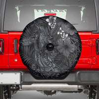 Hawaiian Tropical Plants and Tribal Whales Spare Tire Cover Polynesian Art Tattoo Grayscale
