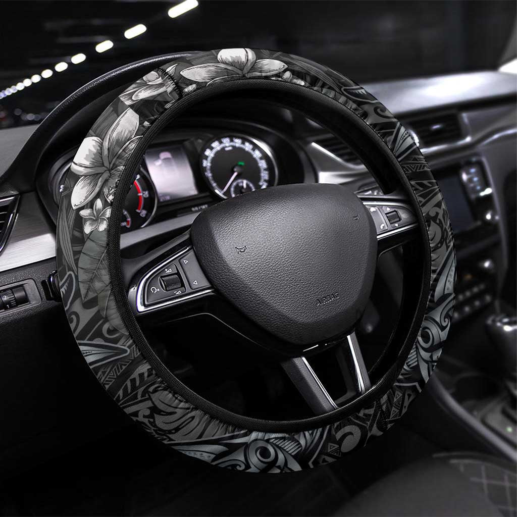Hawaiian Tropical Plants and Tribal Whales Steering Wheel Cover Polynesian Art Tattoo Grayscale