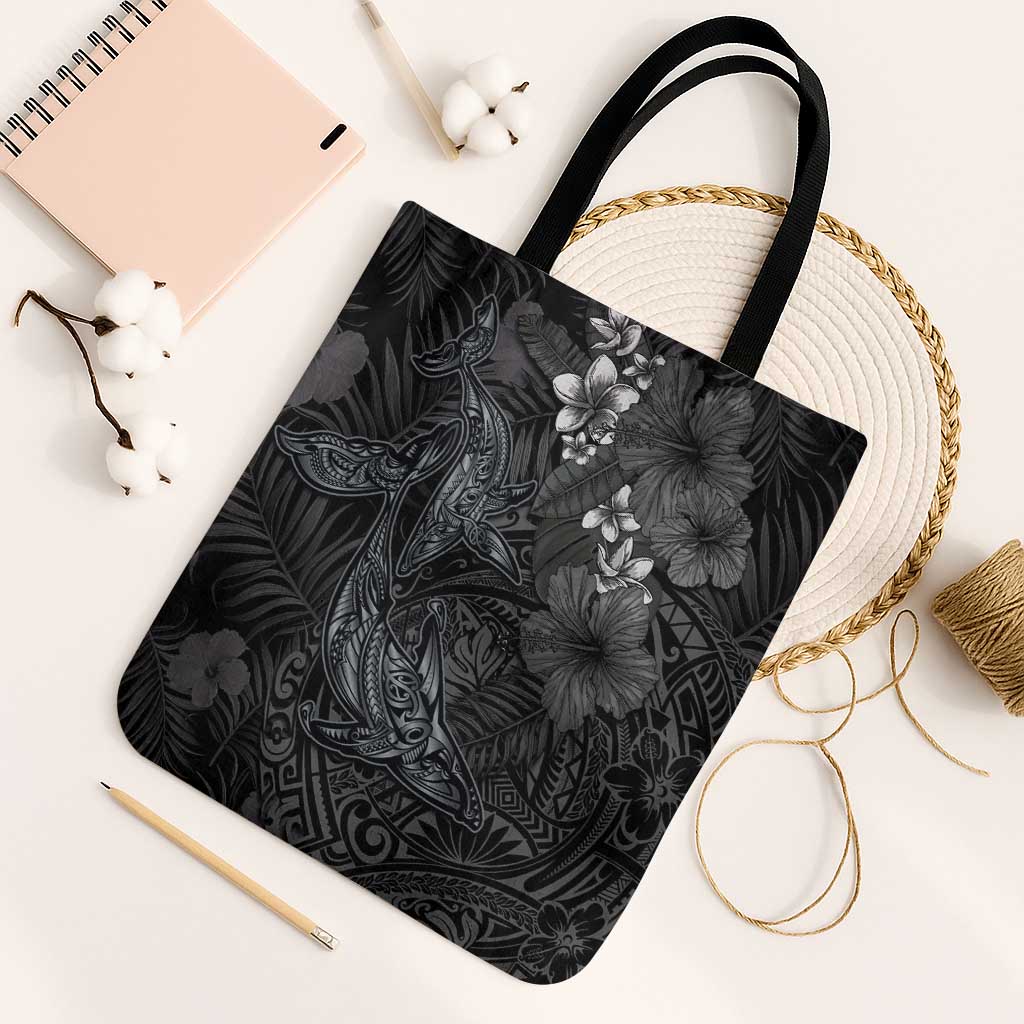 Hawaiian Tropical Plants and Tribal Whales Tote Bag Polynesian Art Tattoo Grayscale