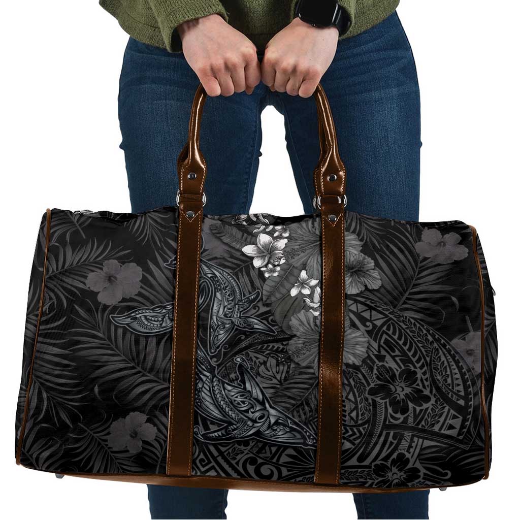 Hawaiian Tropical Plants and Tribal Whales Travel Bag Polynesian Art Tattoo Grayscale
