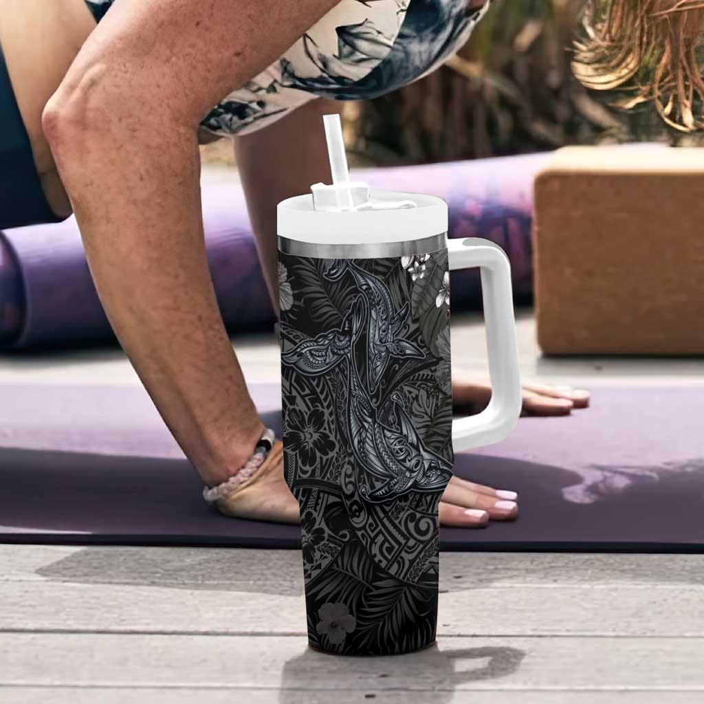 Hawaiian Tropical Plants and Tribal Whales Tumbler With Handle Polynesian Art Tattoo Grayscale