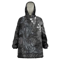 Hawaiian Tropical Plants and Tribal Whales Wearable Blanket Hoodie Polynesian Art Tattoo Grayscale