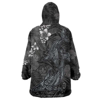 Hawaiian Tropical Plants and Tribal Whales Wearable Blanket Hoodie Polynesian Art Tattoo Grayscale