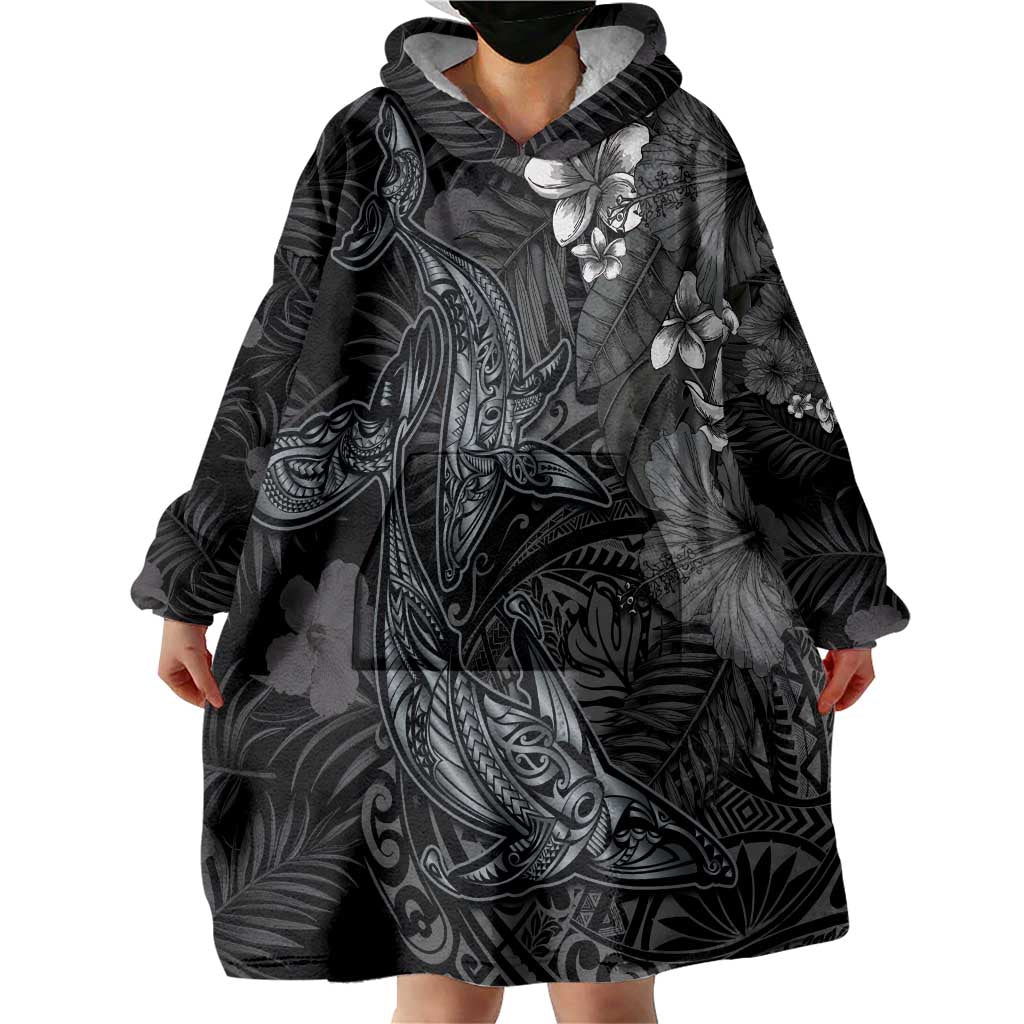 Hawaiian Tropical Plants and Tribal Whales Wearable Blanket Hoodie Polynesian Art Tattoo Grayscale