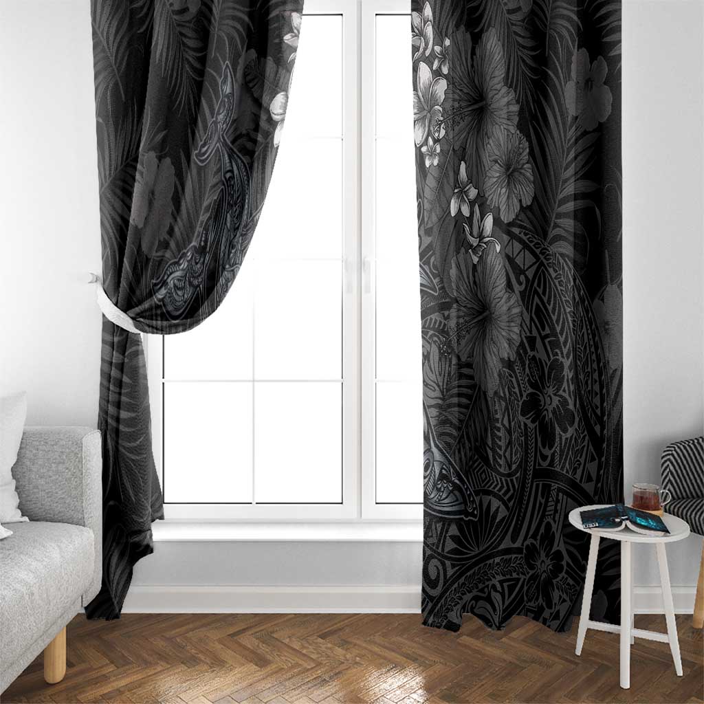 Hawaiian Tropical Plants and Tribal Whales Window Curtain Polynesian Art Tattoo Grayscale