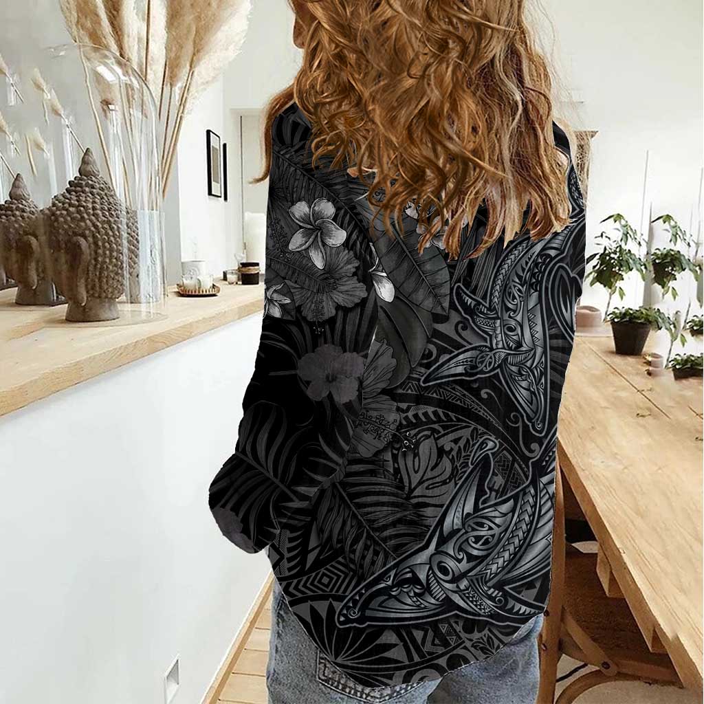 Hawaiian Tropical Plants and Tribal Whales Women Casual Shirt Polynesian Art Tattoo Grayscale LT03 - Polynesian Pride