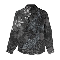 Hawaiian Tropical Plants and Tribal Whales Women Casual Shirt Polynesian Art Tattoo Grayscale LT03 - Polynesian Pride