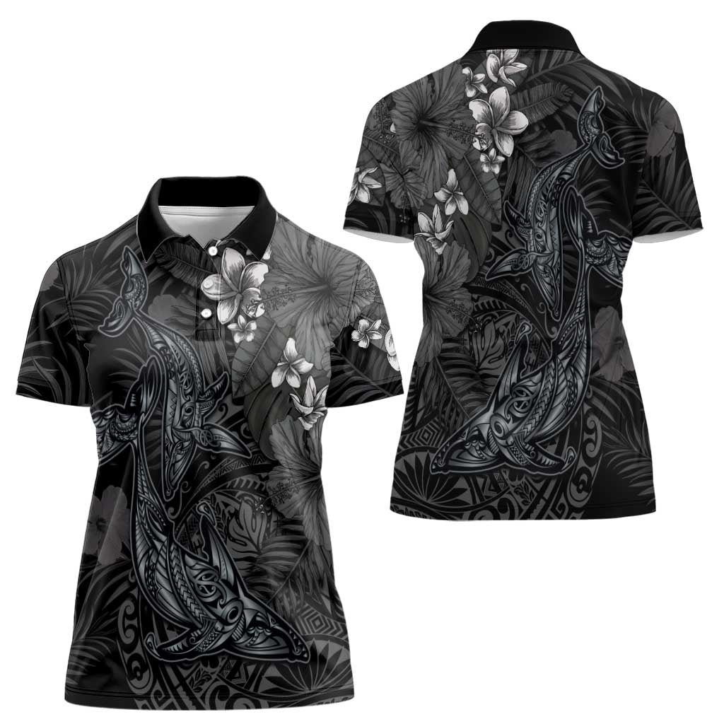 Hawaiian Tropical Plants and Tribal Whales Women Polo Shirt Polynesian Art Tattoo Grayscale LT03 - Polynesian Pride