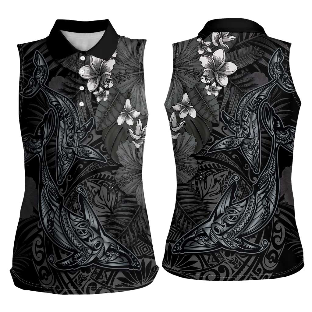 Hawaiian Tropical Plants and Tribal Whales Women Sleeveless Polo Shirt Polynesian Art Tattoo Grayscale LT03 - Polynesian Pride