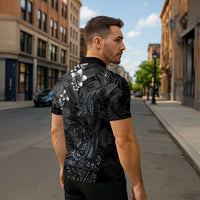 Hawaiian Tropical Plants and Tribal Whales Zipper Polo Shirt Polynesian Art Tattoo Grayscale