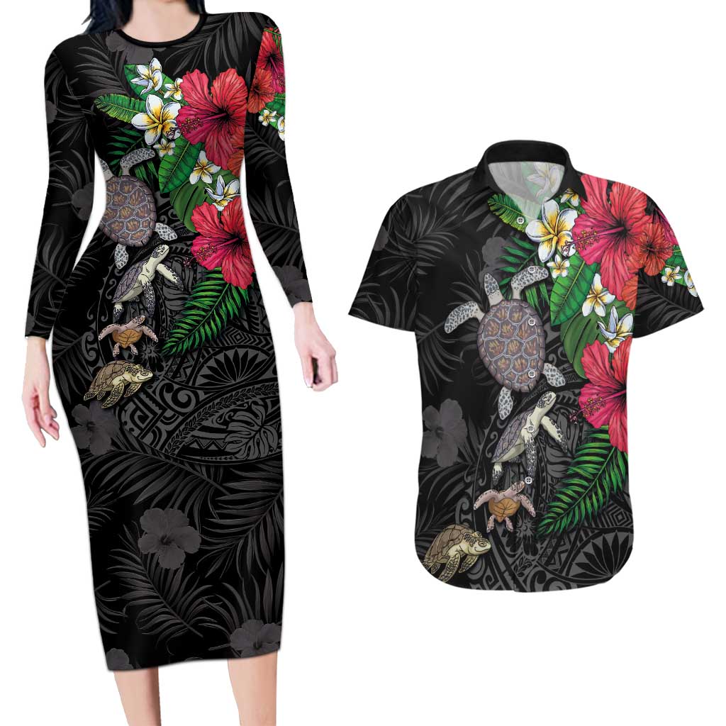 Hawaiian Tropical Plants and Turtles Couples Matching Long Sleeve Bodycon Dress and Hawaiian Shirt Polynesian Art Motifs LT03 Black - Polynesian Pride