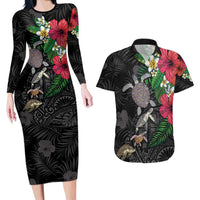 Hawaiian Tropical Plants and Turtles Couples Matching Long Sleeve Bodycon Dress and Hawaiian Shirt Polynesian Art Motifs LT03 Black - Polynesian Pride