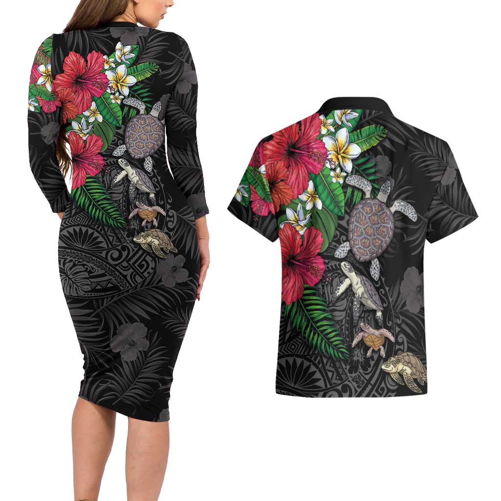 Hawaiian Tropical Plants and Turtles Couples Matching Long Sleeve Bodycon Dress and Hawaiian Shirt Polynesian Art Motifs LT03 - Polynesian Pride
