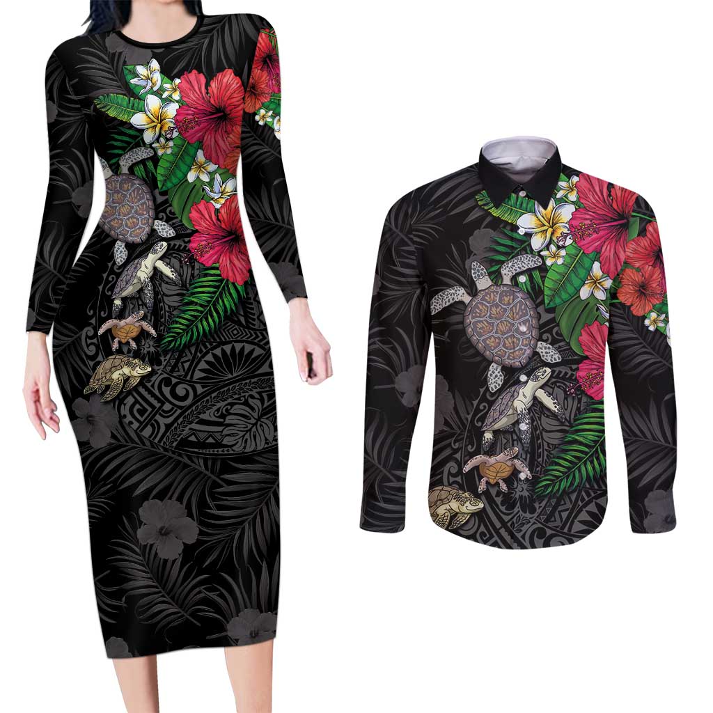 Hawaiian Tropical Plants and Turtles Couples Matching Long Sleeve Bodycon Dress and Long Sleeve Button Shirt Polynesian Art Motifs