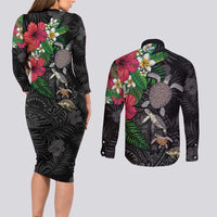 Hawaiian Tropical Plants and Turtles Couples Matching Long Sleeve Bodycon Dress and Long Sleeve Button Shirt Polynesian Art Motifs
