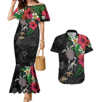 Hawaiian Tropical Plants and Turtles Couples Matching Mermaid Dress and Hawaiian Shirt Polynesian Art Motifs LT03 Black - Polynesian Pride