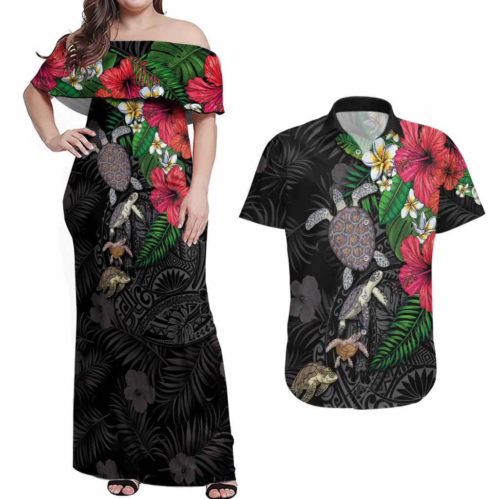 Hawaiian Tropical Plants and Turtles Couples Matching Off Shoulder Maxi Dress and Hawaiian Shirt Polynesian Art Motifs