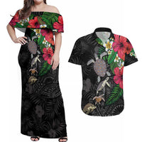Hawaiian Tropical Plants and Turtles Couples Matching Off Shoulder Maxi Dress and Hawaiian Shirt Polynesian Art Motifs