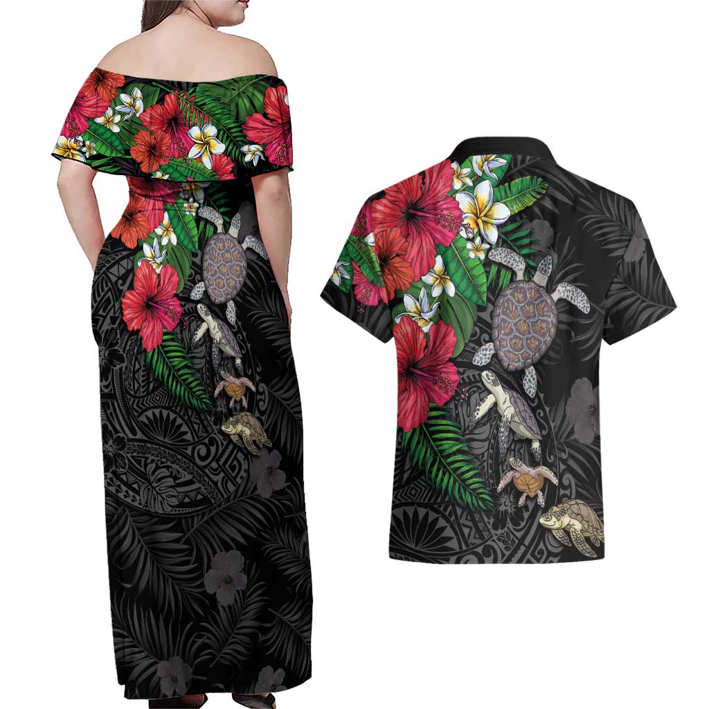 Hawaiian Tropical Plants and Turtles Couples Matching Off Shoulder Maxi Dress and Hawaiian Shirt Polynesian Art Motifs