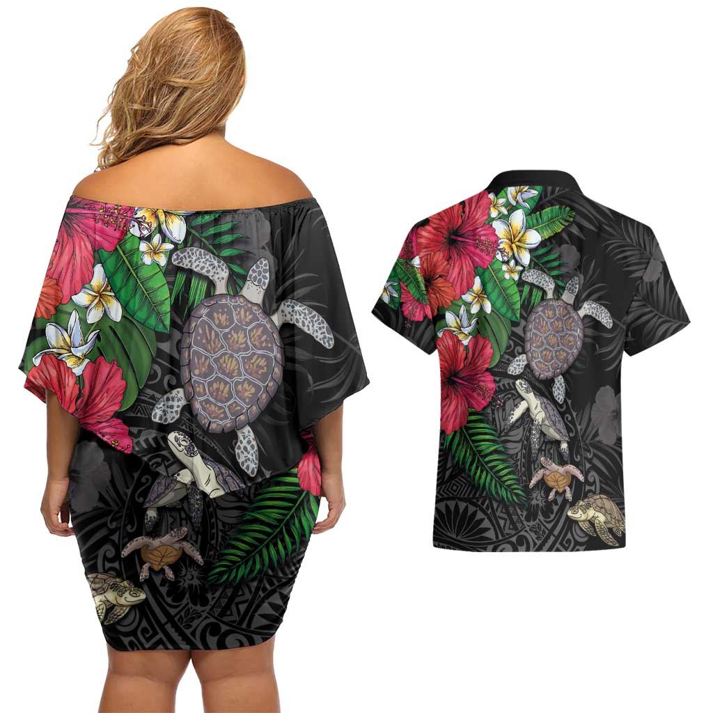 Hawaiian Tropical Plants and Turtles Couples Matching Off Shoulder Short Dress and Hawaiian Shirt Polynesian Art Motifs