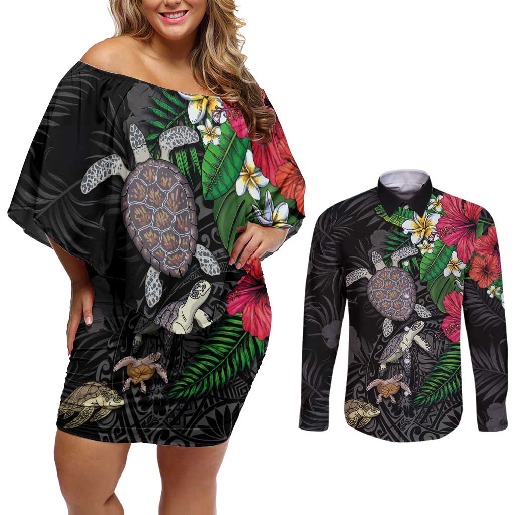 Hawaiian Tropical Plants and Turtles Couples Matching Off Shoulder Short Dress and Long Sleeve Button Shirt Polynesian Art Motifs