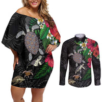 Hawaiian Tropical Plants and Turtles Couples Matching Off Shoulder Short Dress and Long Sleeve Button Shirt Polynesian Art Motifs