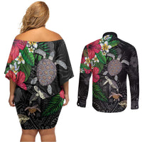 Hawaiian Tropical Plants and Turtles Couples Matching Off Shoulder Short Dress and Long Sleeve Button Shirt Polynesian Art Motifs