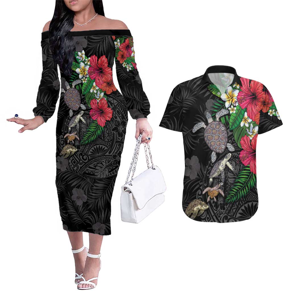Hawaiian Tropical Plants and Turtles Couples Matching Off The Shoulder Long Sleeve Dress and Hawaiian Shirt Polynesian Art Motifs LT03 Black - Polynesian Pride