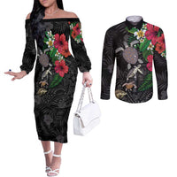 Hawaiian Tropical Plants and Turtles Couples Matching Off The Shoulder Long Sleeve Dress and Long Sleeve Button Shirt Polynesian Art Motifs LT03 Black - Polynesian Pride
