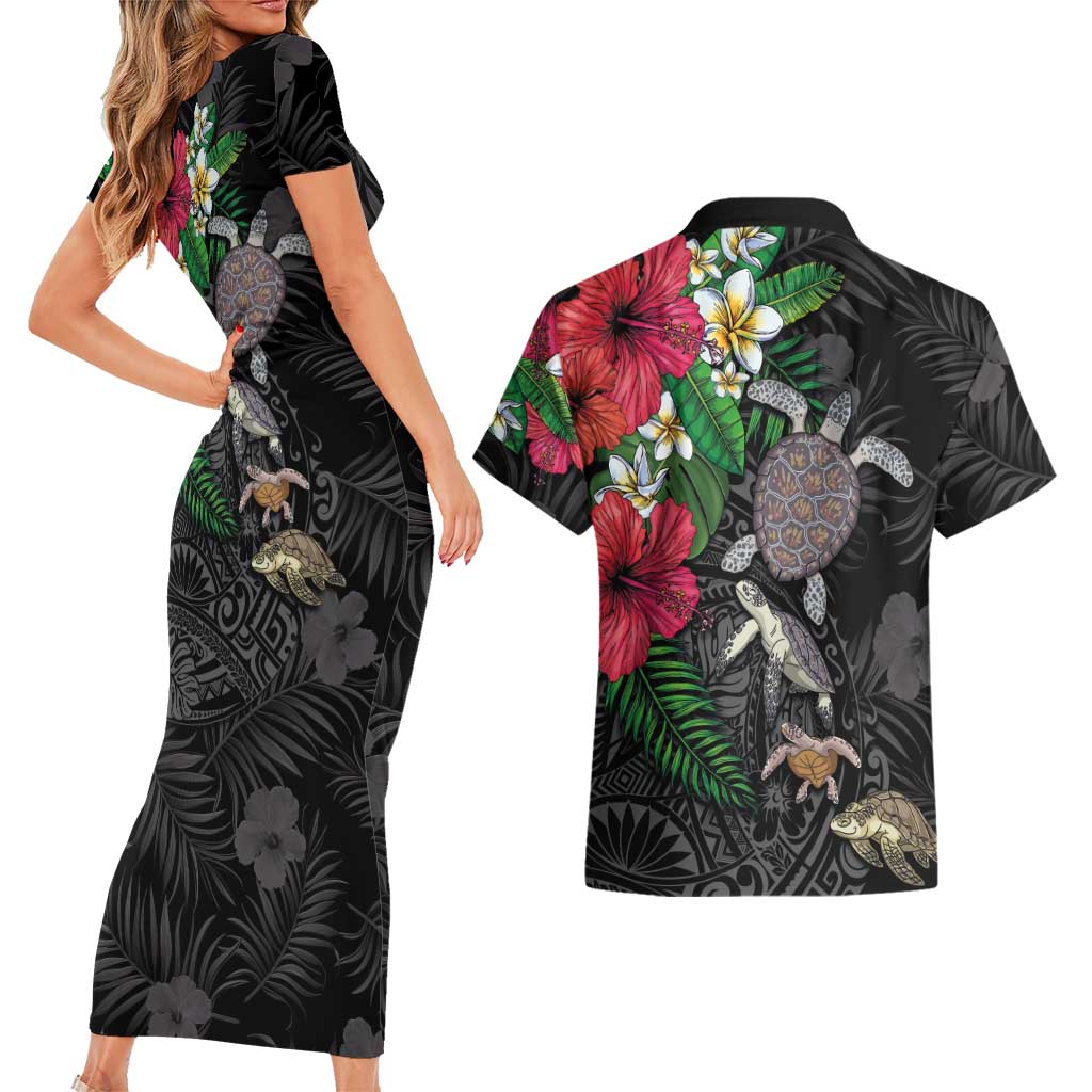 Hawaiian Tropical Plants and Turtles Couples Matching Short Sleeve Bodycon Dress and Hawaiian Shirt Polynesian Art Motifs LT03 - Polynesian Pride