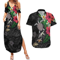 Hawaiian Tropical Plants and Turtles Couples Matching Summer Maxi Dress and Hawaiian Shirt Polynesian Art Motifs