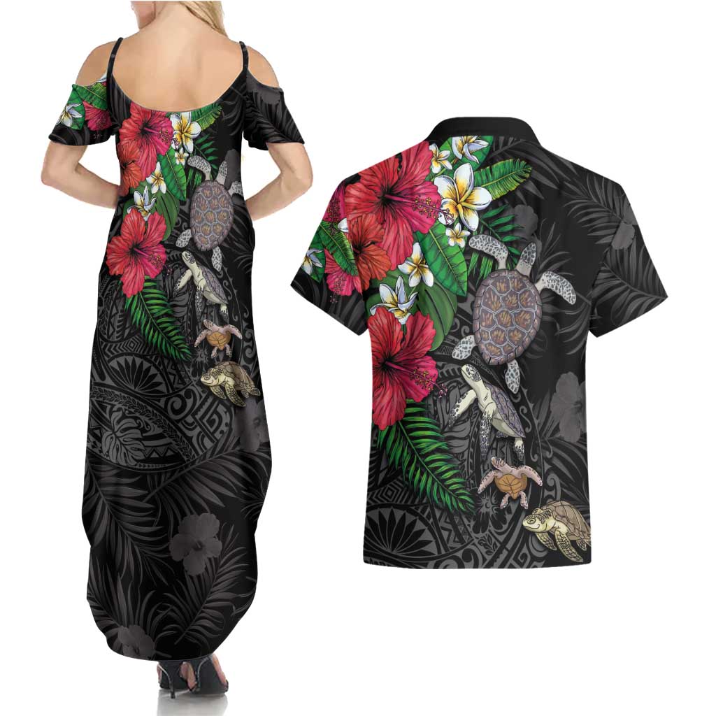 Hawaiian Tropical Plants and Turtles Couples Matching Summer Maxi Dress and Hawaiian Shirt Polynesian Art Motifs
