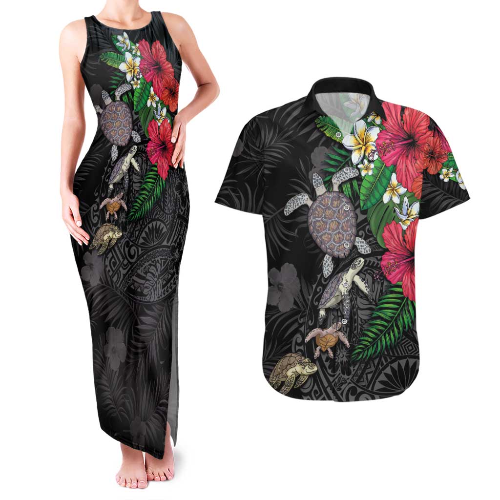 Hawaiian Tropical Plants and Turtles Couples Matching Tank Maxi Dress and Hawaiian Shirt Polynesian Art Motifs LT03 Black - Polynesian Pride