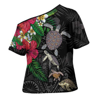 Hawaiian Tropical Plants and Turtles Cross Shoulder Shirt Polynesian Art Motifs