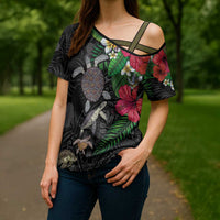 Hawaiian Tropical Plants and Turtles Cross Shoulder Shirt Polynesian Art Motifs