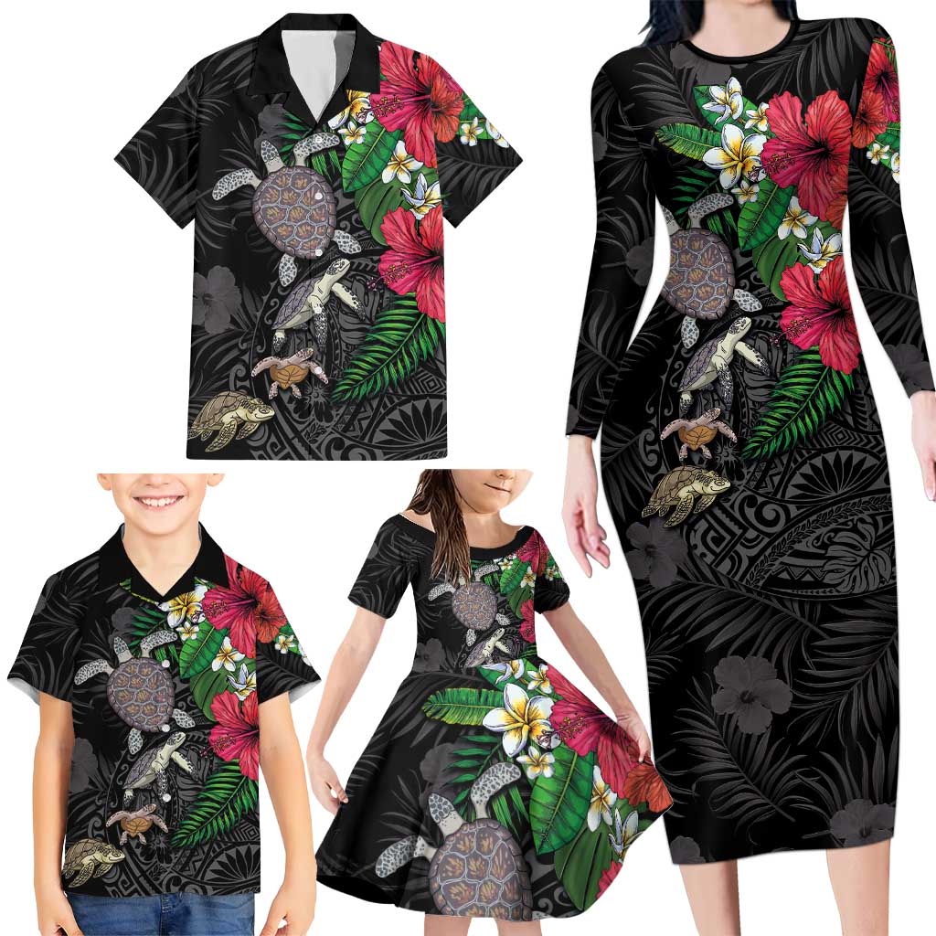 Hawaiian Tropical Plants and Turtles Family Matching Long Sleeve Bodycon Dress and Hawaiian Shirt Polynesian Art Motifs LT03 - Polynesian Pride