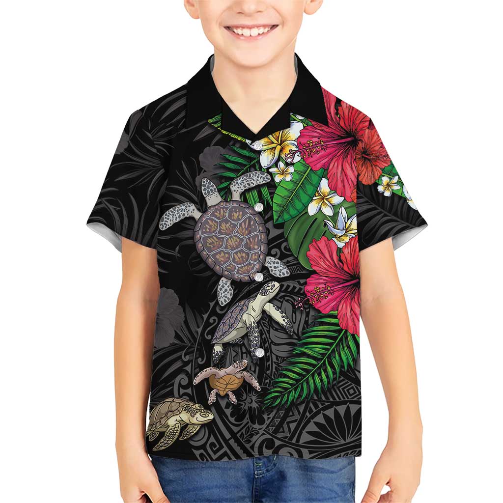 Hawaiian Tropical Plants and Turtles Family Matching Long Sleeve Bodycon Dress and Hawaiian Shirt Polynesian Art Motifs LT03 Son's Shirt Black - Polynesian Pride
