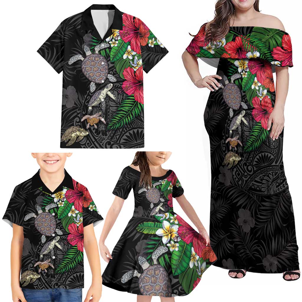 Hawaiian Tropical Plants and Turtles Family Matching Off Shoulder Maxi Dress and Hawaiian Shirt Polynesian Art Motifs