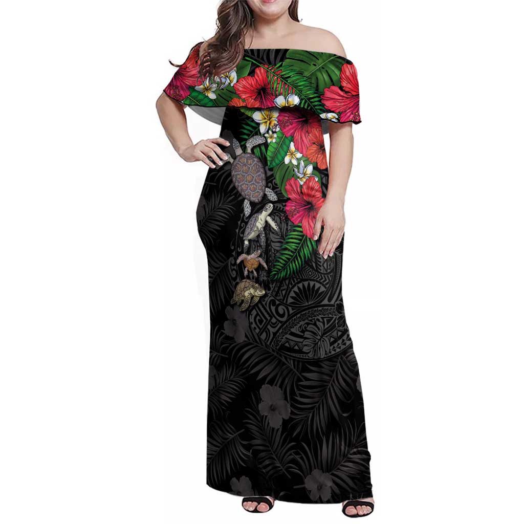Hawaiian Tropical Plants and Turtles Family Matching Off Shoulder Maxi Dress and Hawaiian Shirt Polynesian Art Motifs LT03 Mom's Dress Black - Polynesian Pride
