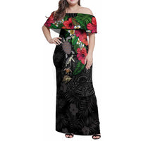 Hawaiian Tropical Plants and Turtles Family Matching Off Shoulder Maxi Dress and Hawaiian Shirt Polynesian Art Motifs LT03 Mom's Dress Black - Polynesian Pride