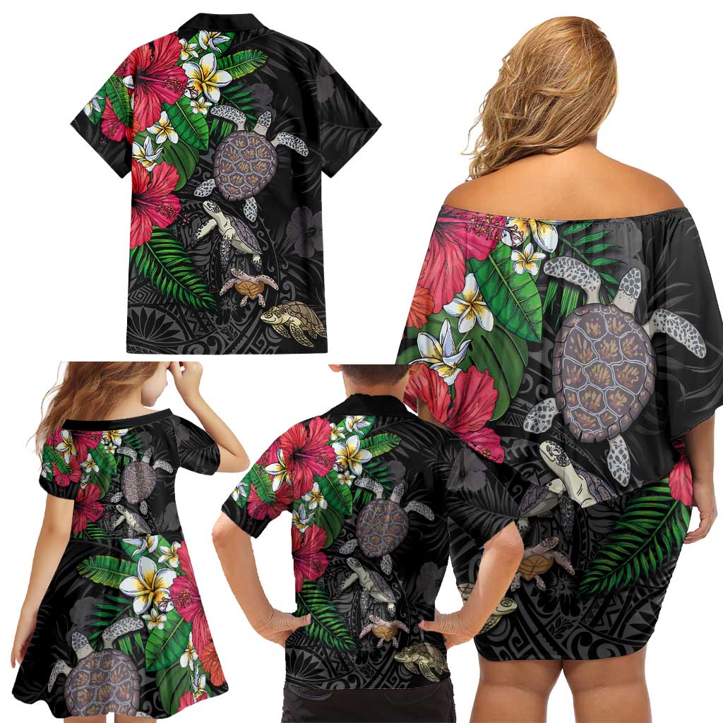 Hawaiian Tropical Plants and Turtles Family Matching Off Shoulder Short Dress and Hawaiian Shirt Polynesian Art Motifs LT03 - Polynesian Pride