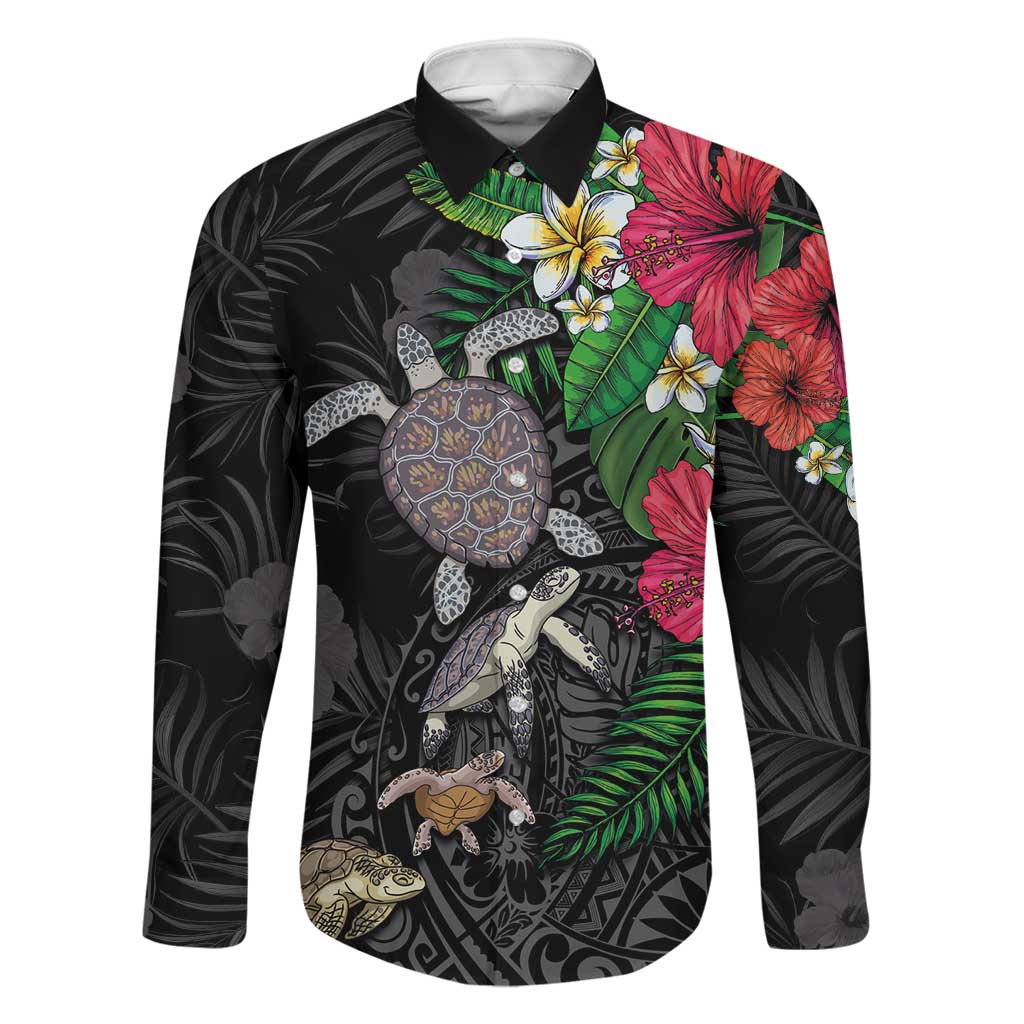 Hawaiian Tropical Plants and Turtles Family Matching Puletasi and Hawaiian Shirt Polynesian Art Motifs LT03 Dad's Shirt - Long Sleeve Black - Polynesian Pride