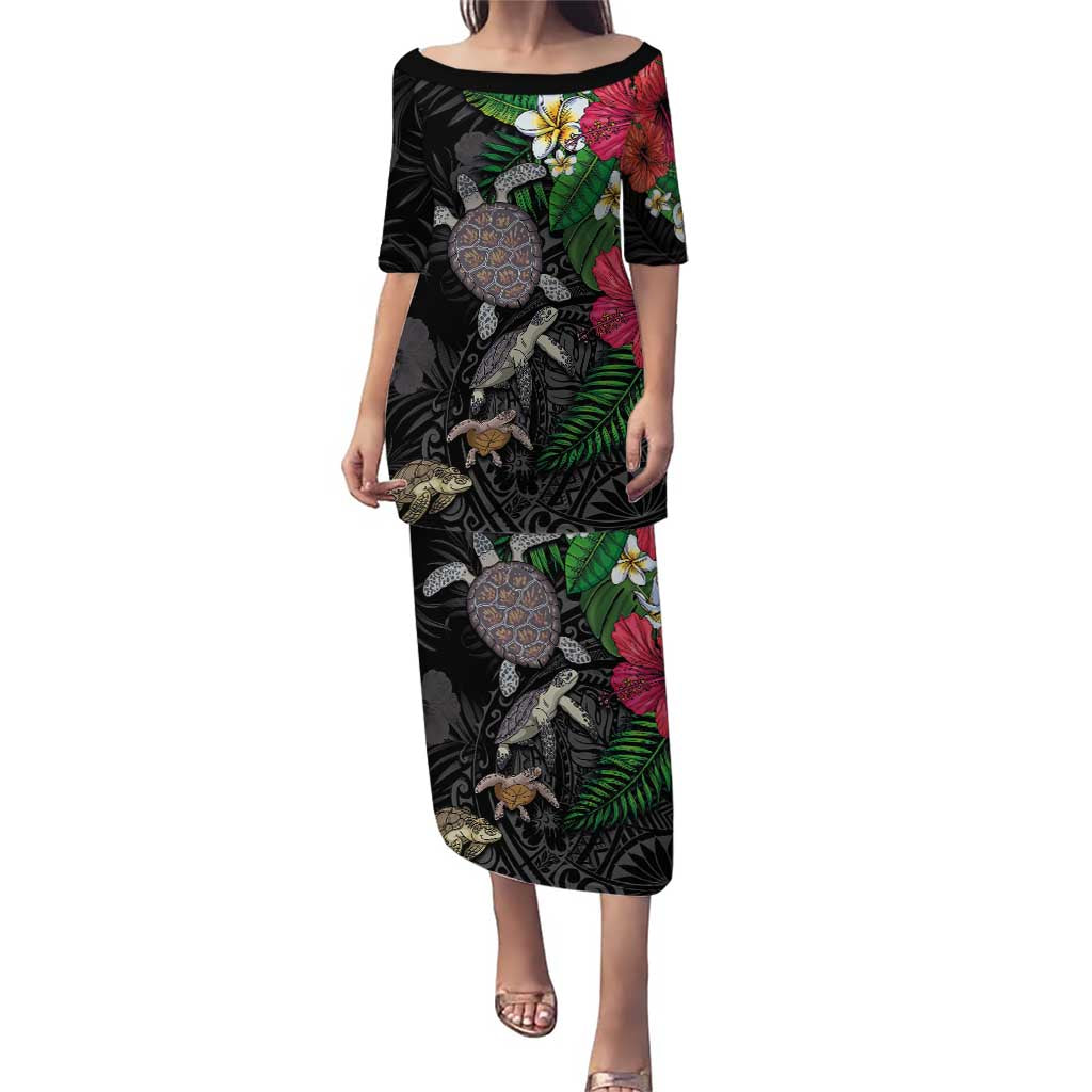 Hawaiian Tropical Plants and Turtles Family Matching Puletasi and Hawaiian Shirt Polynesian Art Motifs LT03 Mom's Dress Black - Polynesian Pride