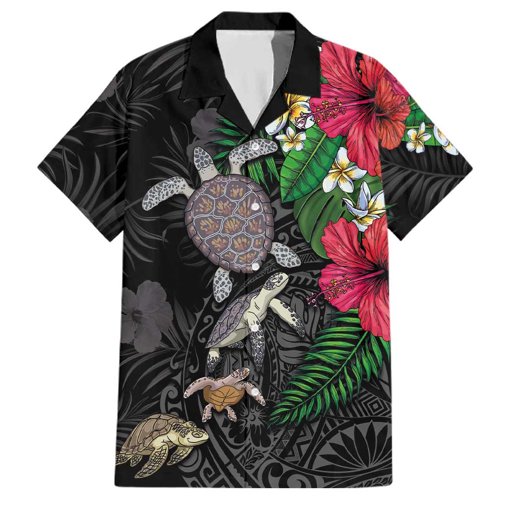 Hawaiian Tropical Plants and Turtles Family Matching Short Sleeve Bodycon Dress and Hawaiian Shirt Polynesian Art Motifs LT03 Dad's Shirt - Short Sleeve Black - Polynesian Pride