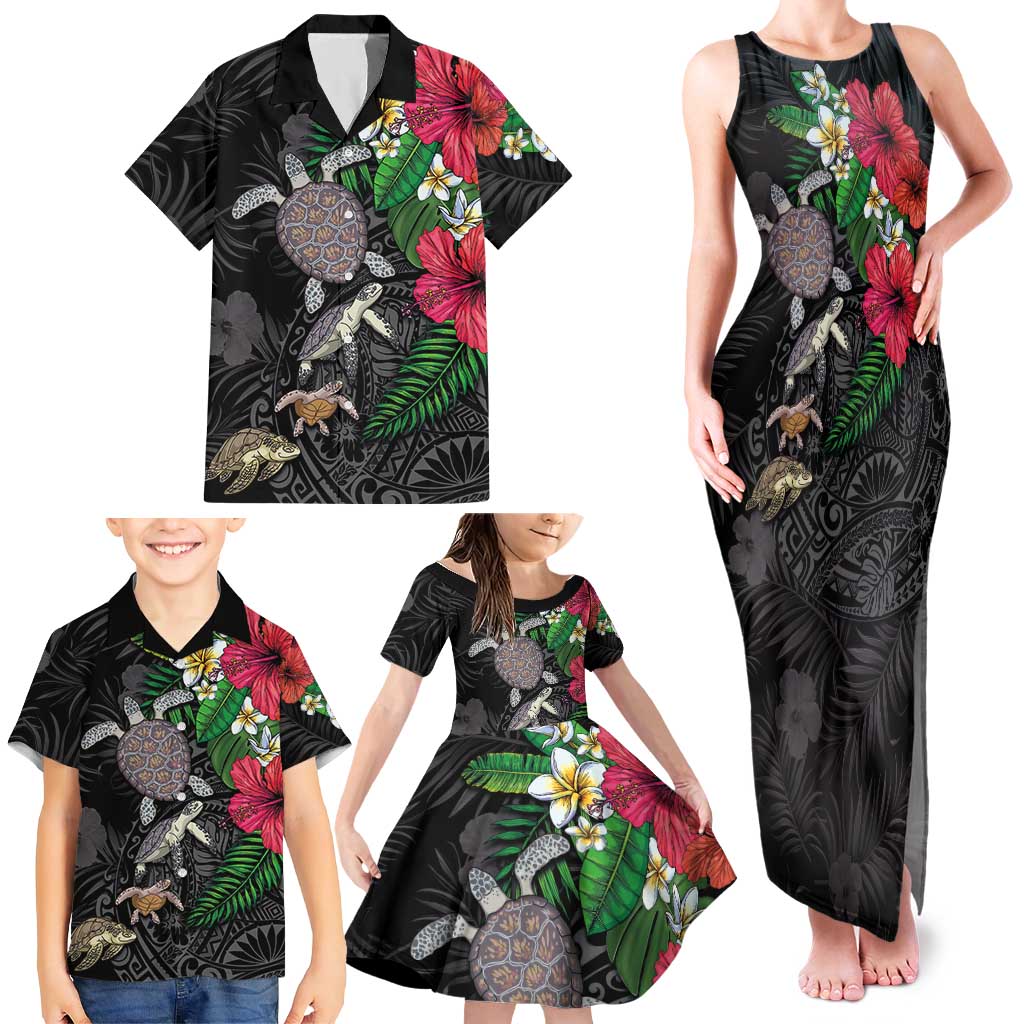 Hawaiian Tropical Plants and Turtles Family Matching Tank Maxi Dress and Hawaiian Shirt Polynesian Art Motifs